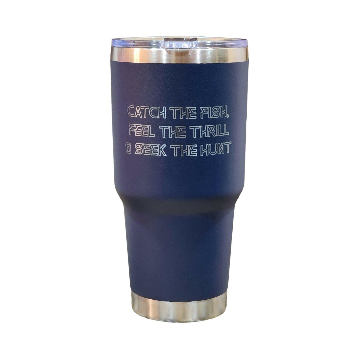 a blue tumbler cup with the words catch the fish, feed the troll and