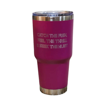 a pink tumbler cup with the words, catch the fish, freeze the troll