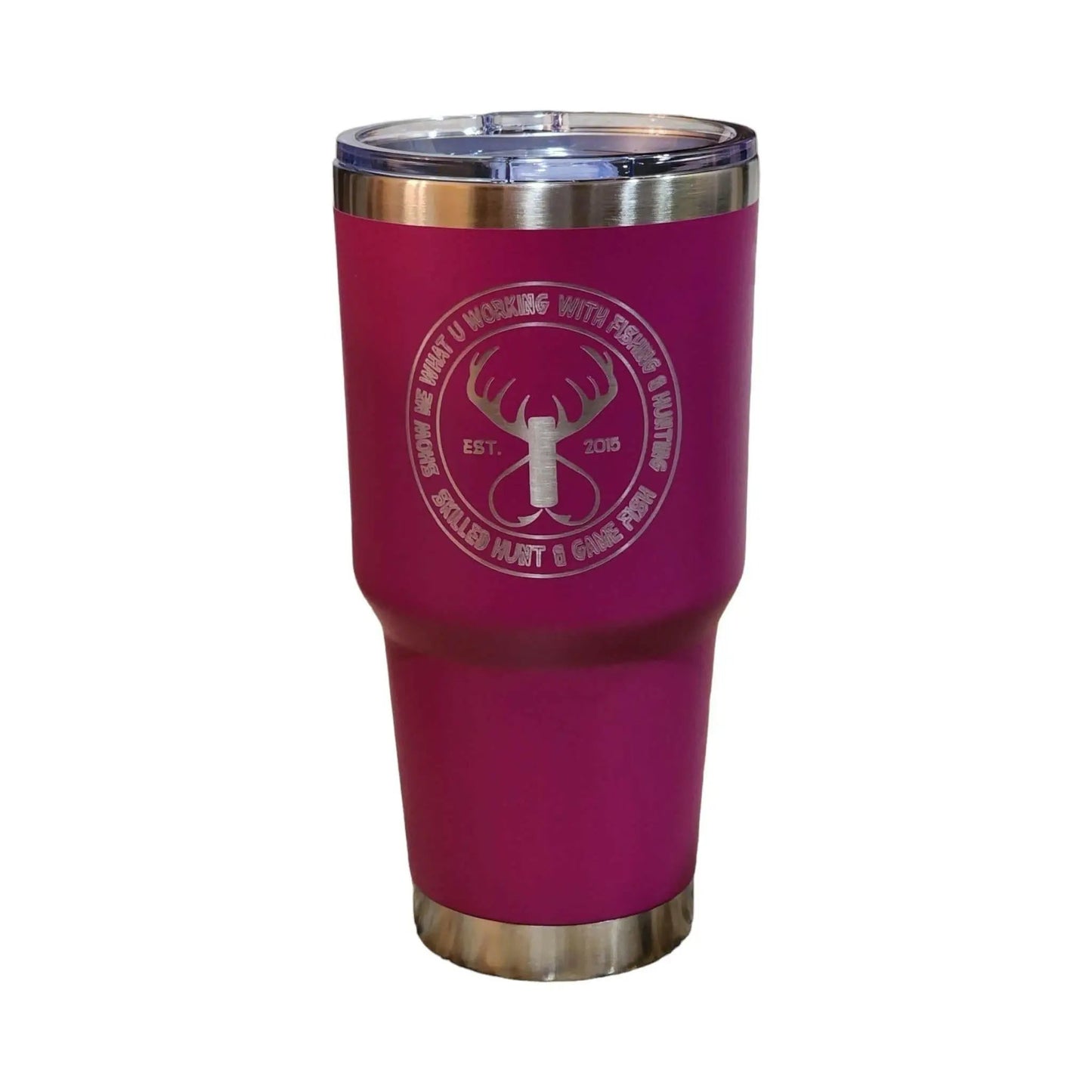 a pink tumbler cup with a deer head on it