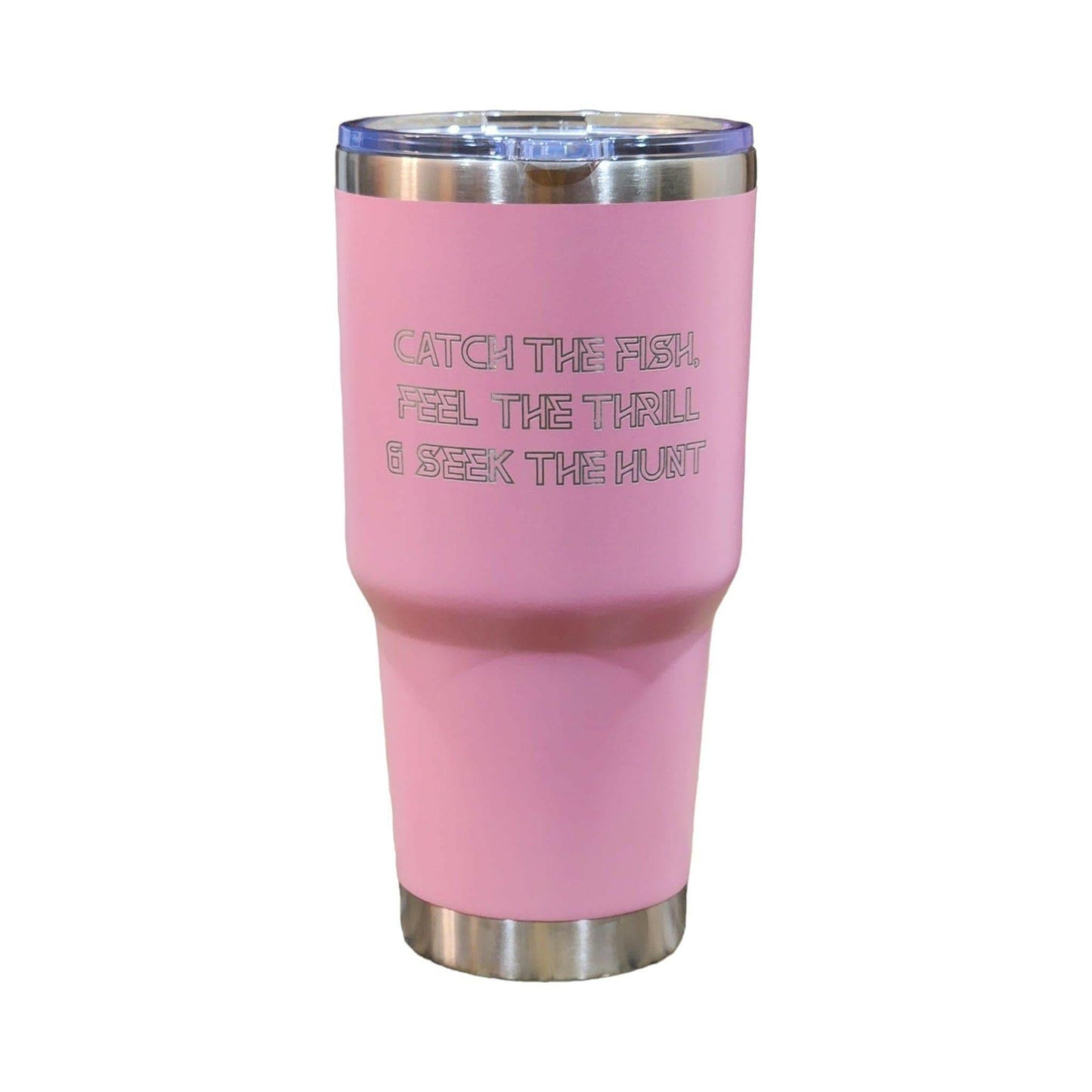 a pink tumbler cup with a metallic lid