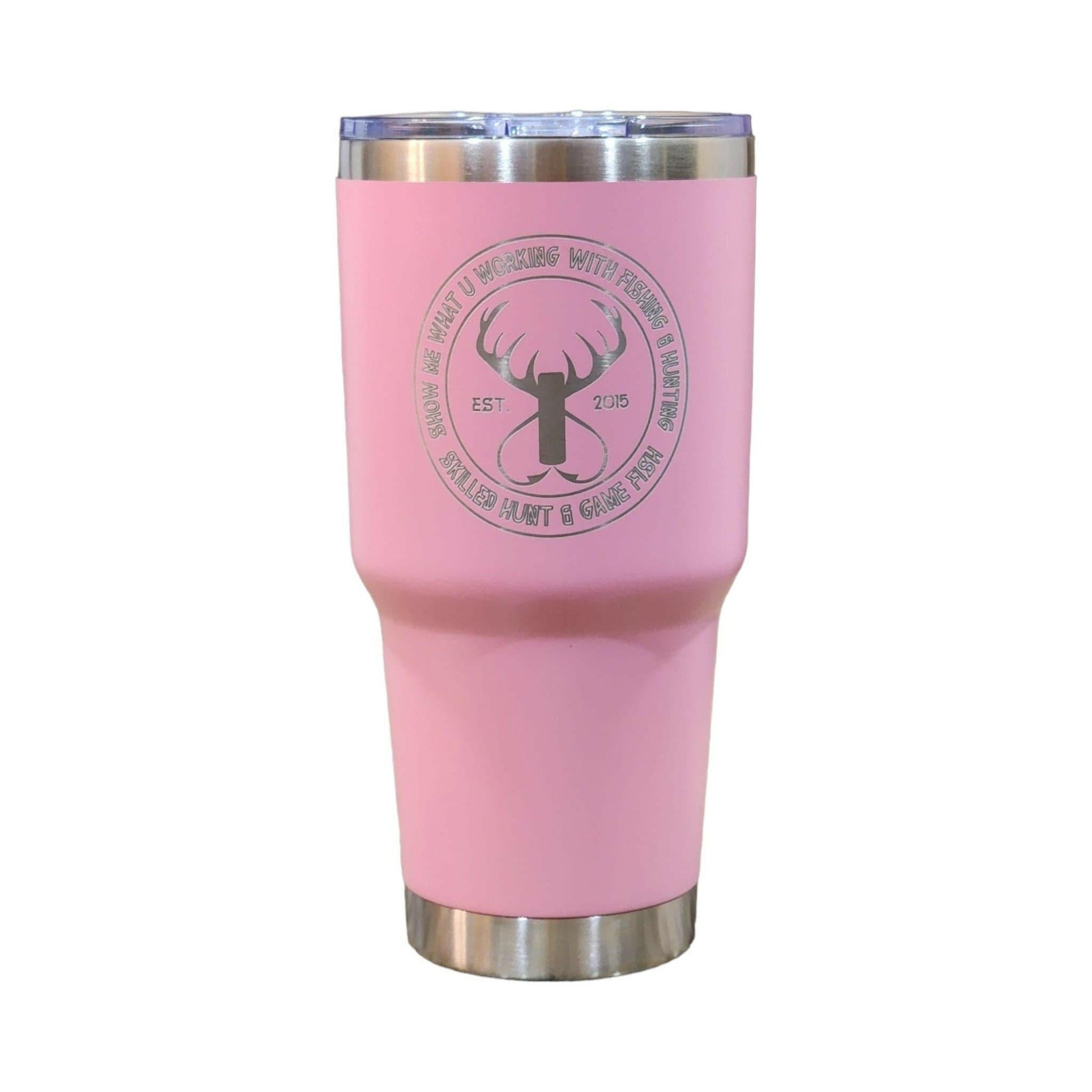 a pink tumbler cup with a logo on it