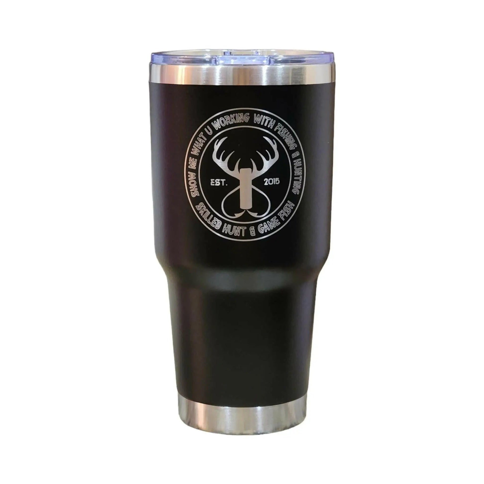 a black tumbler cup with a deer emblem on it