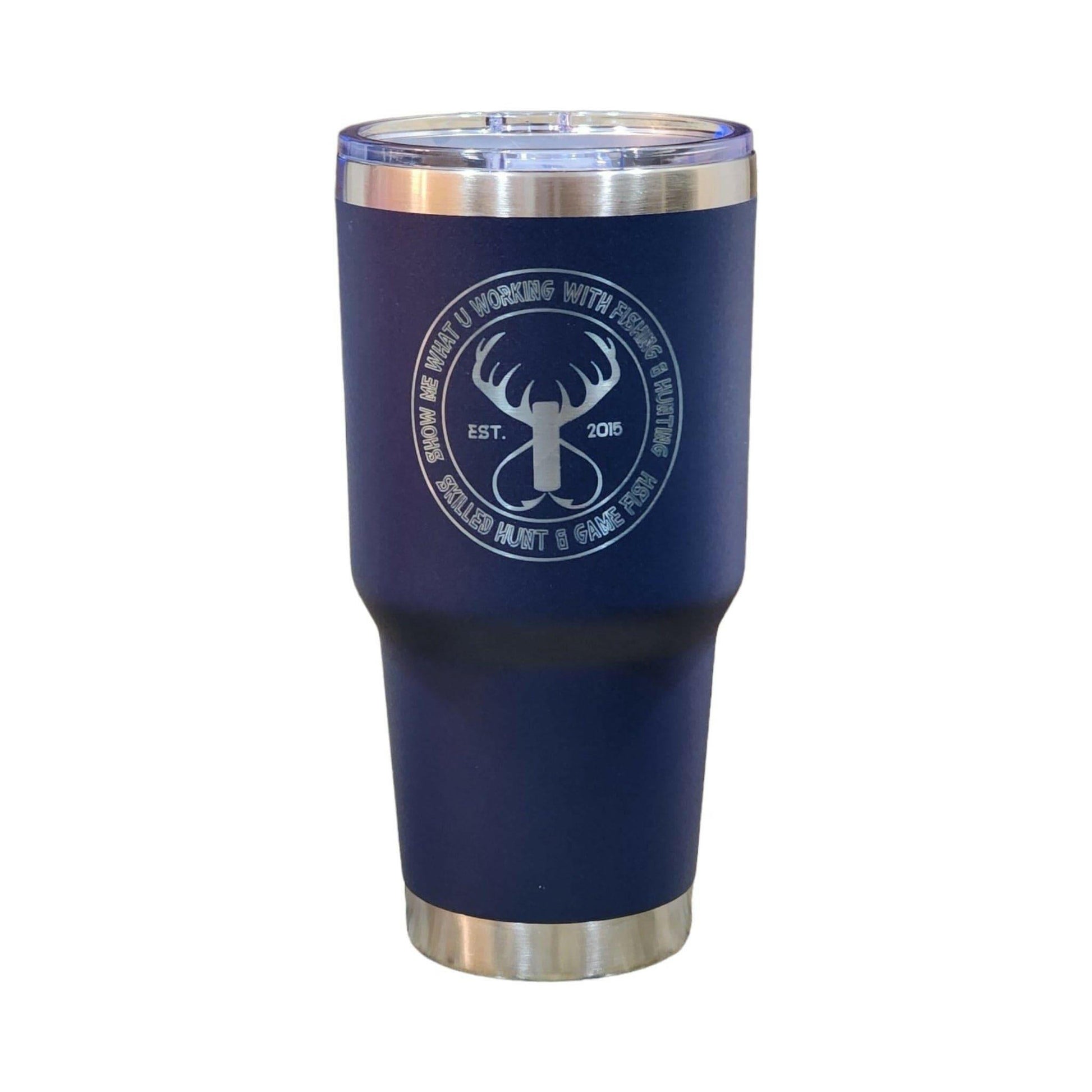 a blue tumbler cup with a deer emblem on it